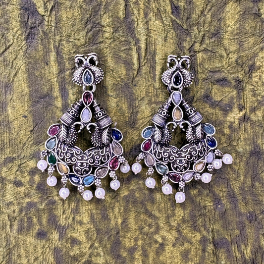 Oxidized Silver Earrings with Multicolor Stones and Pearl Drops