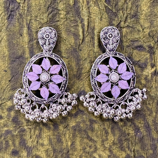 Oxidized Silver Floral Earrings with Lavender Enamel and Bead Drops