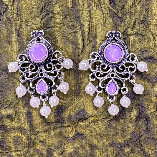 Oxidized Silver Earrings with Lavender Stones and Pearl Drops