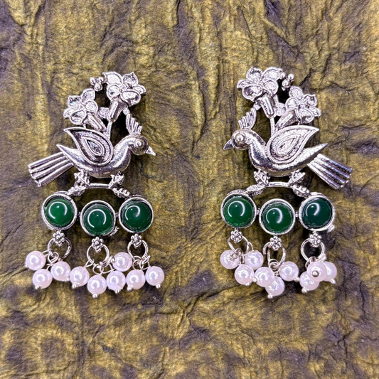 Oxidized Silver Bird Design Earrings with Green Stones and Pearl Drops
