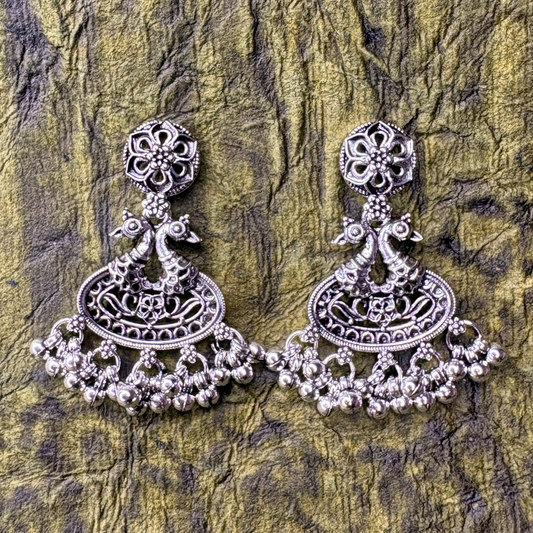 Oxidized Silver Jhumka Earrings with Beaded Drops