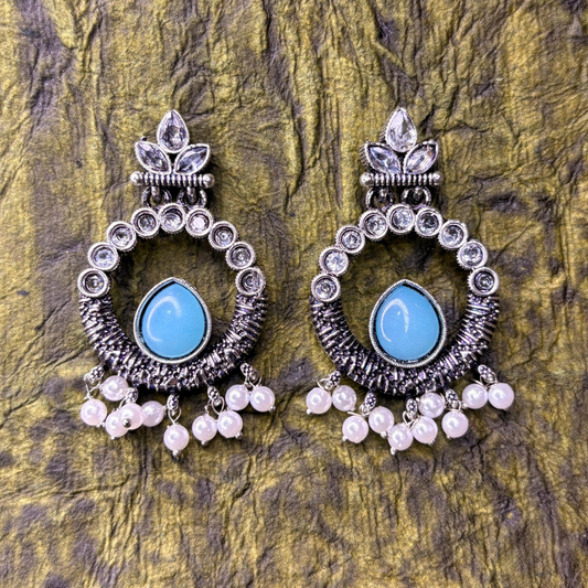 Oxidized Silver Hoop Earrings with Blue Stone and Pearl Drops