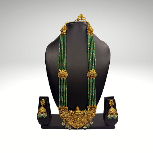 Lakshmi Temple Jewellery Green Bead Long Haram with Jhumkas – Gold Plated Bridal Set (Code - DJ_014)
