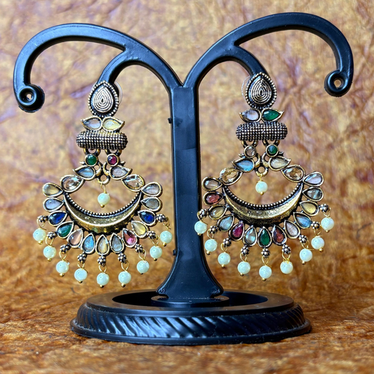 Gold-Plated Chandbali Earrings with Multicolor Stones