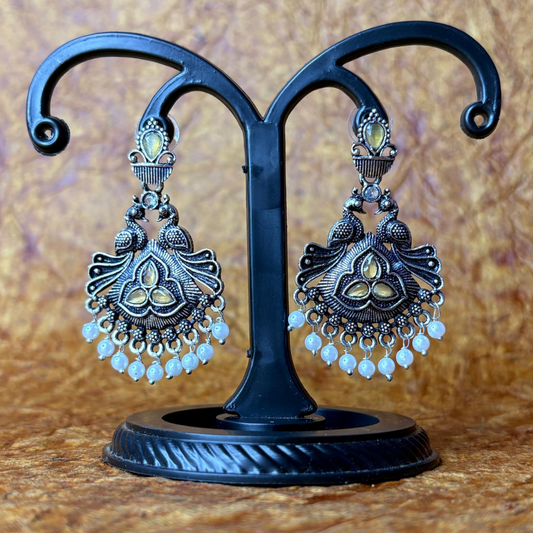Oxidized Silver Earrings with White Bead Drops