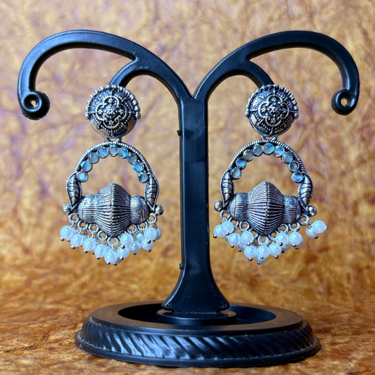 Oxidized Silver Dome Earrings with White Bead Danglers