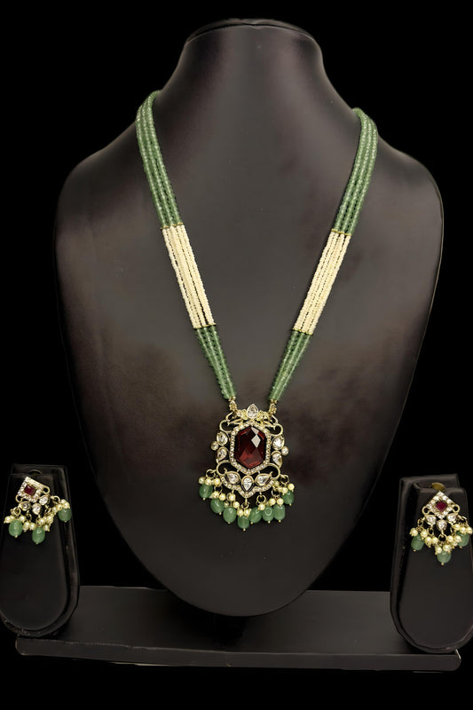Kundan Long Haram with Red Stone Pendant & Green Bead Drops – Bridal Necklace Set with Earrings (Code - DJ_006)