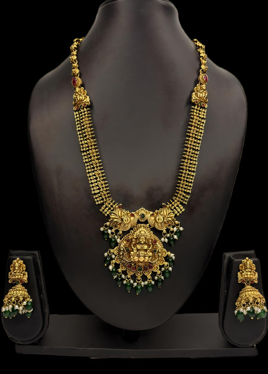 Antique Temple Jewellery Lakshmi Haram with Green Beads & Jhumka Earrings – Bridal Necklace Set (Code - DJ_008)