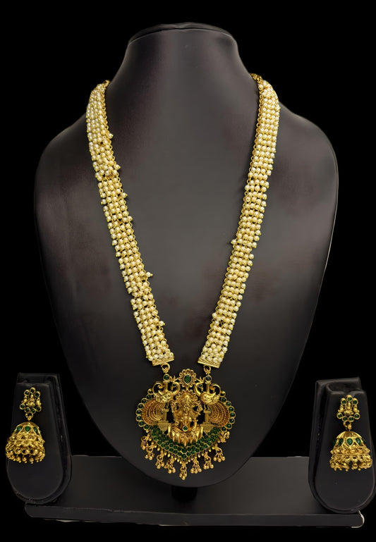 Antique Temple Jewellery Pearl Haram with Lakshmi Pendant & Jhumkas – Bridal Necklace Set (Code - DJ_010)