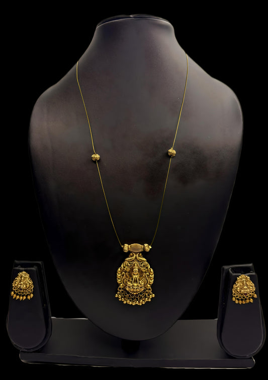 Antique Temple Jewellery Lakshmi Pendant with Chain & Earrings – Gold Plated Necklace Set (Code - DJ_011)