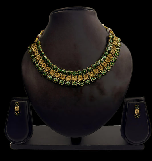 Green Enamel Floral Necklace Set with Earrings – Gold Plated Traditional Jewellery (Code - DJ_013)