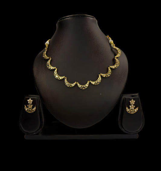 Gold Plated Crescent Kundan Necklace Set – Elegant Ethnic Jewellery (Code - DJ_019)
